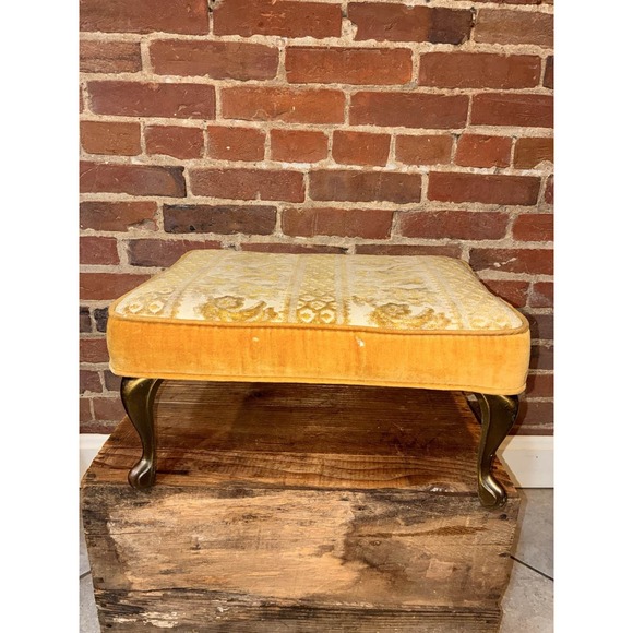 MCM Small Gold Cut‎ Velvet Brass Leg Footstool Ottoman